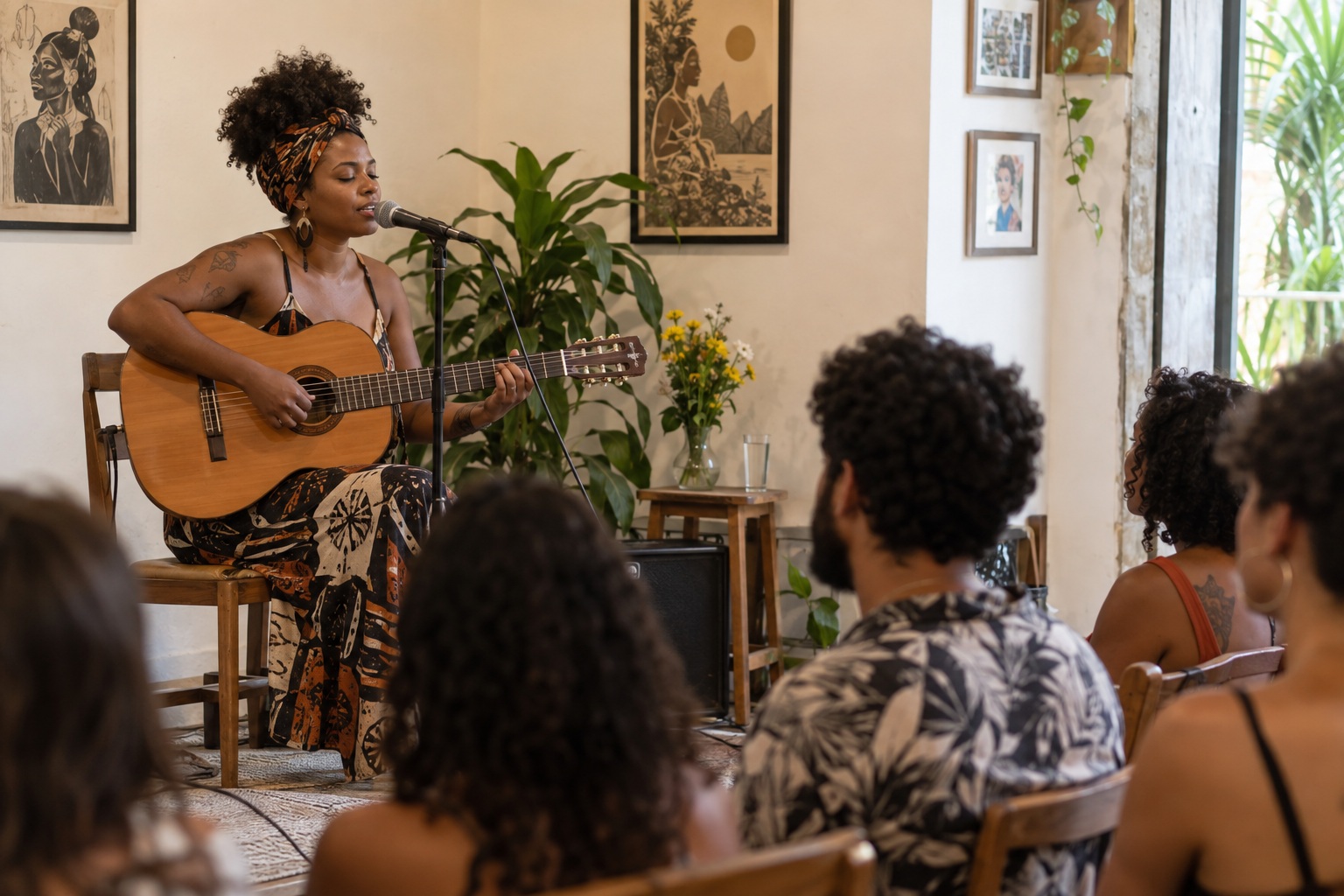 Cantora e violonista se apresenta perto do público em um espaço cultural