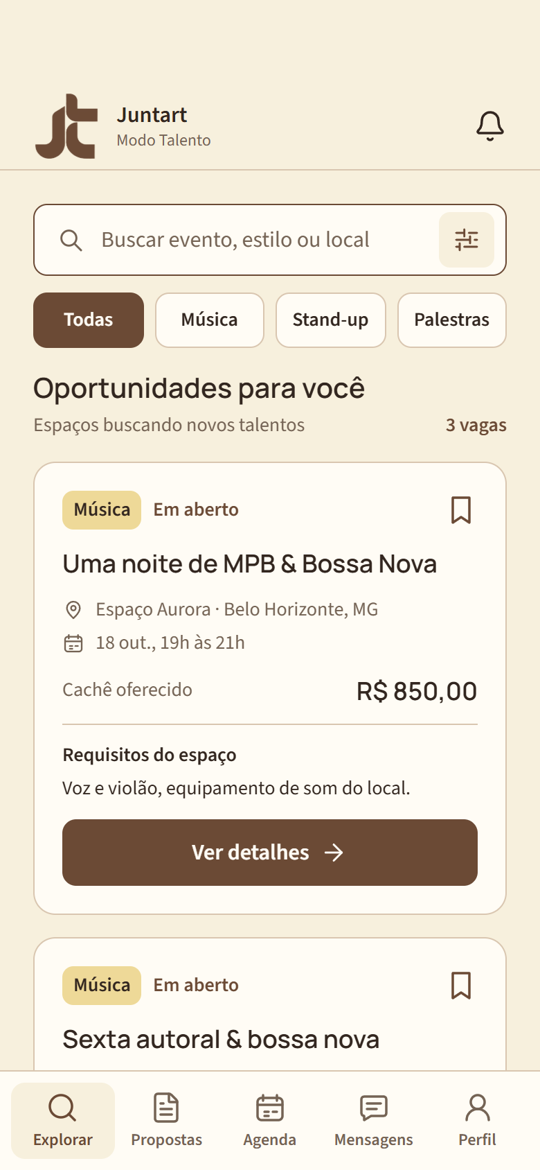 Aplicativo Juntart: explorar oportunidades com data, local e cachê