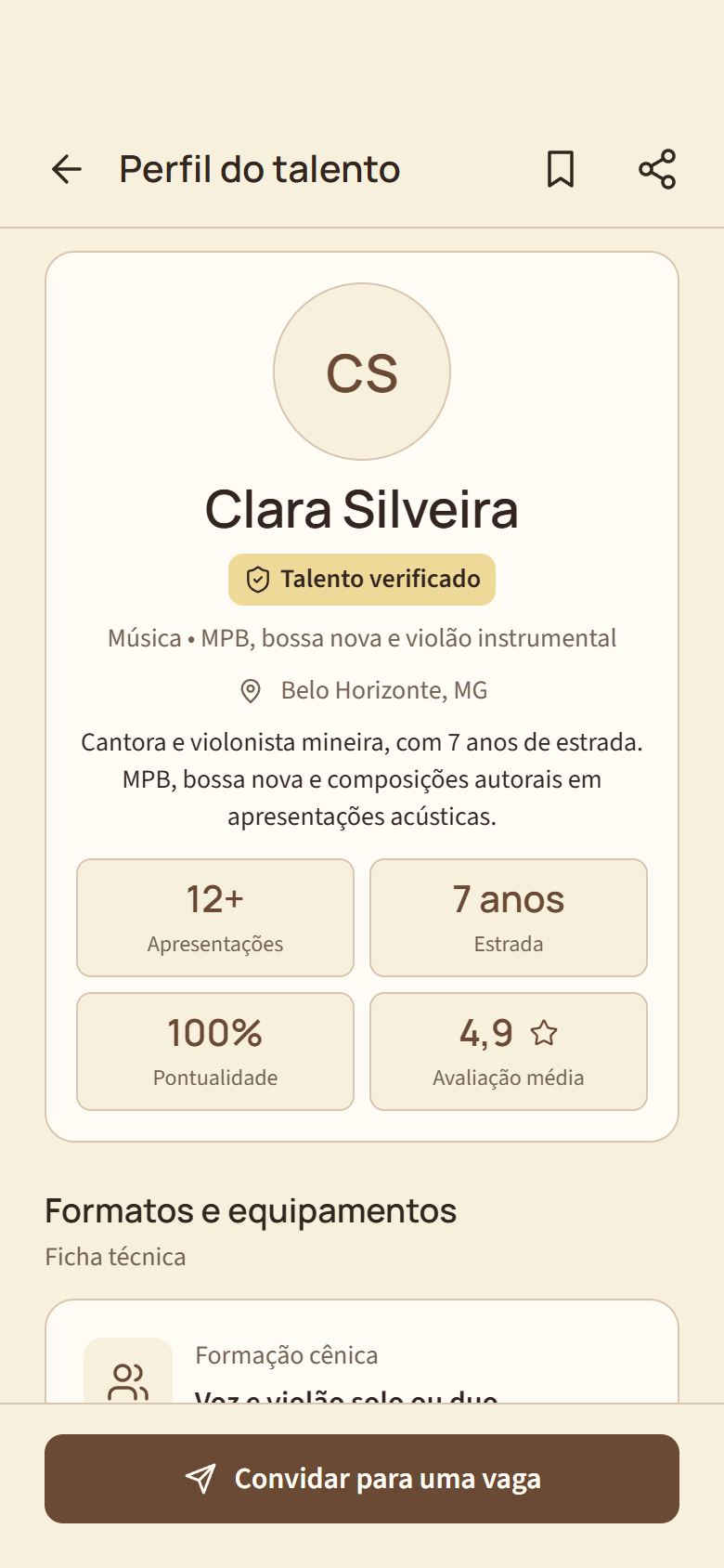 Aplicativo Juntart: portfólio e formatos da cantora Clara Silveira