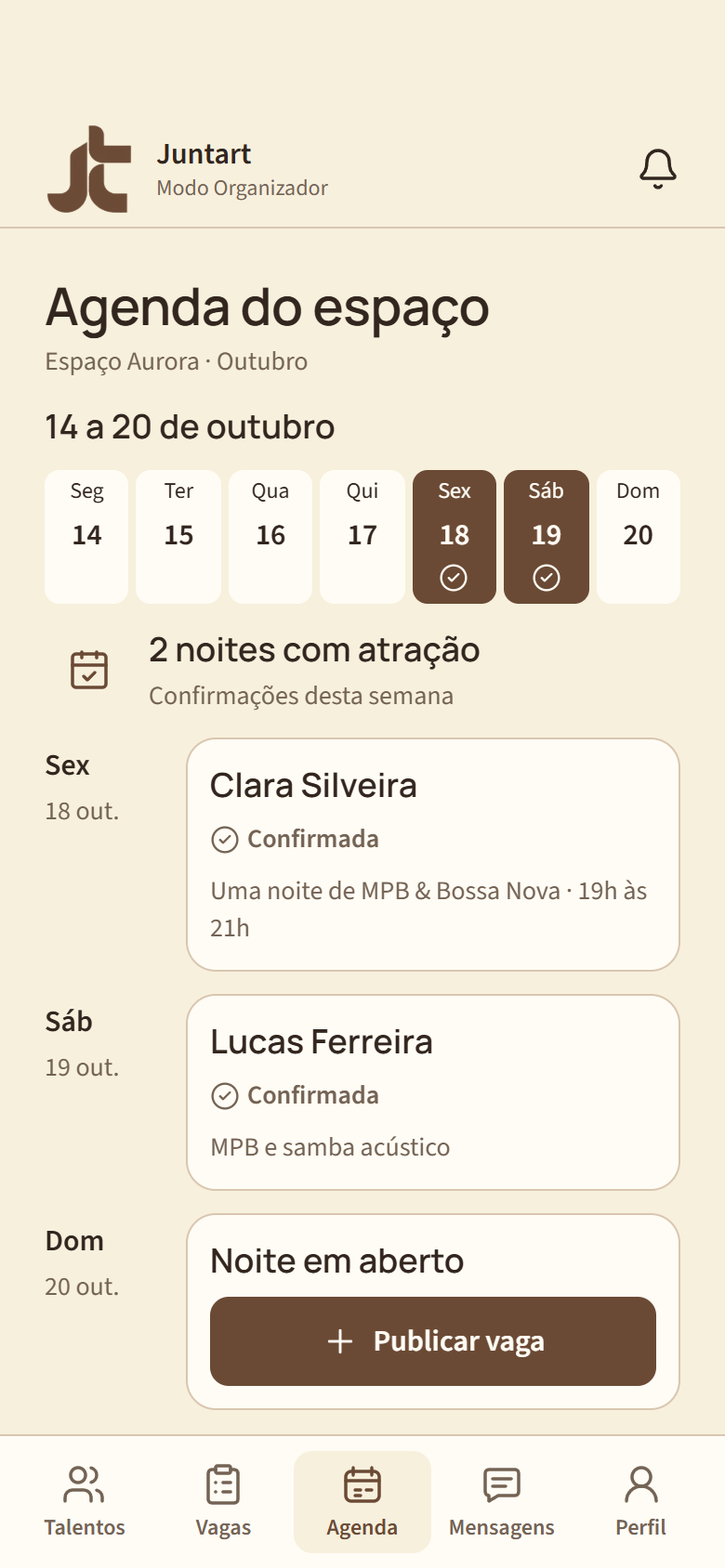 Aplicativo Juntart: agenda semanal com apresentações confirmadas